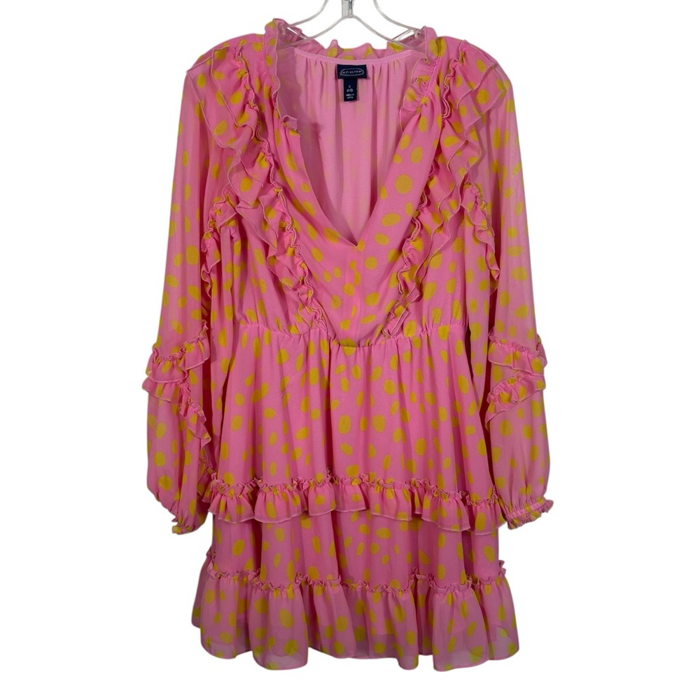 Scoop Pink Yellow Polka Dot Frilly Long Sleeve Tiered Dress NWT Statement Preppy